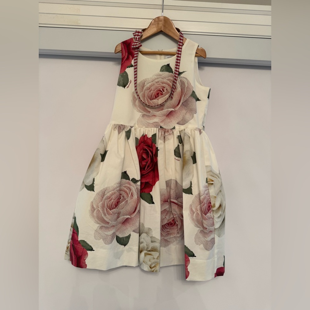 MonnaLisa Cream and Red Rose Print Dress with belt and cardigan